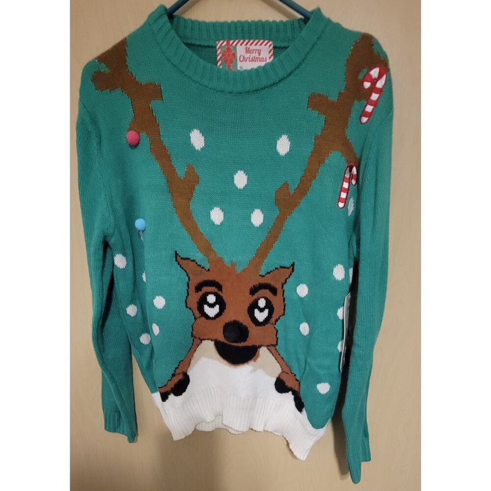 NWT Great Christmas Sweater Green Reindeer Jingle Bells M NEW Great Gift!
